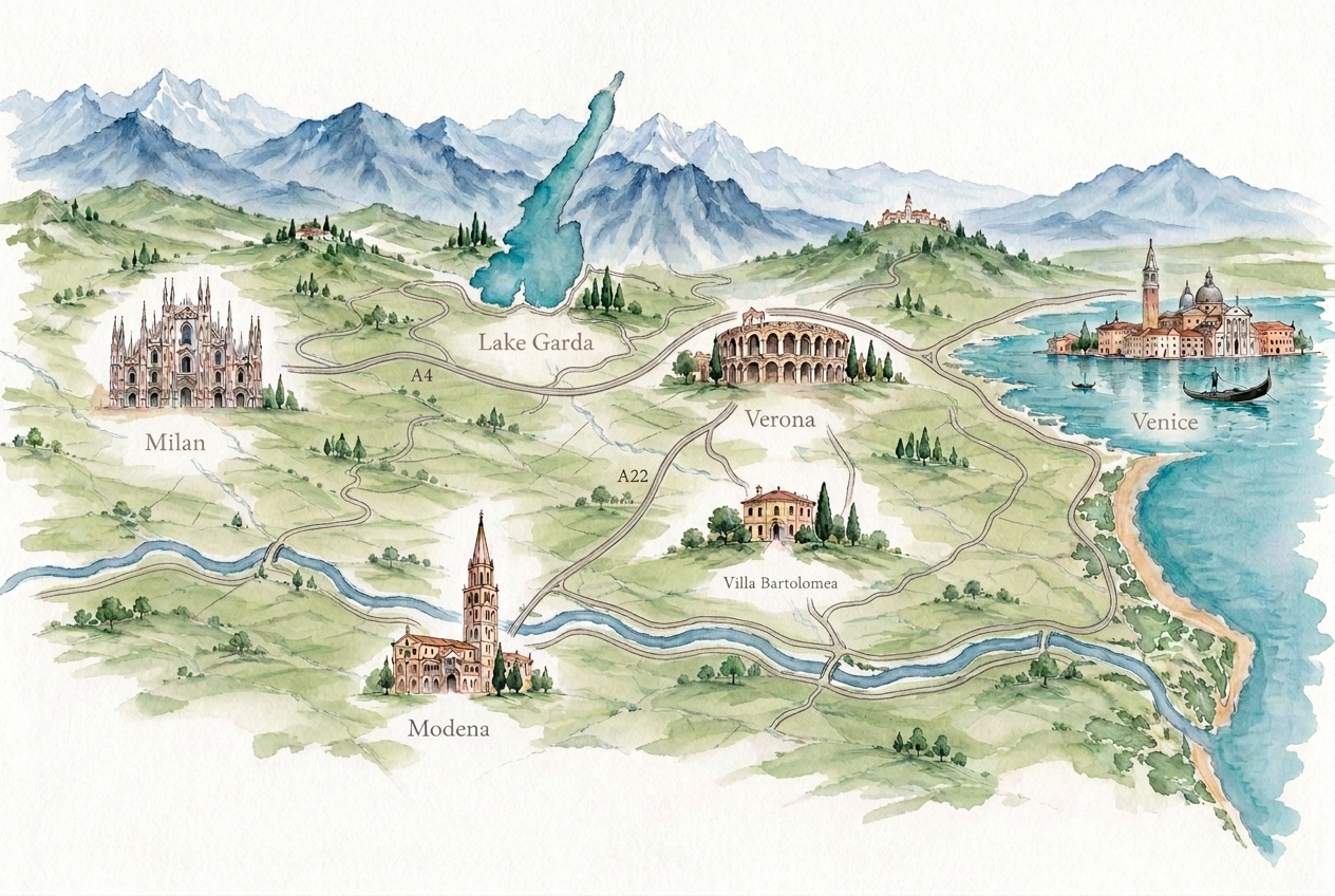 Watercolor artwork of northern Italy showing Milan, Lake Garda, Verona, Modena, Venice and Villa Bartolomea, with painted local landmarks.